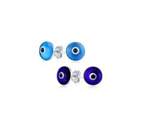 Set of Two Spiritual Protection Round Navy Blue Nazar Evil Eye Stud Earrings For Women Teen Murano Glass .925 Sterling Silver 9MM Made In Turkey