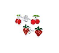Set of Two Tiny Small Summer Fruit Red Enamel Strawberry Cherry Stud Earrings For Women For Teen .925 Sterling Silver