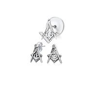 Set of Two Tiny Square And Compass Masonic Freemason Symbol Stud Earrings Lapel Pin Brooch For Women For Men Oxidized .925 Sterling Silver