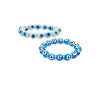 Bling Jewelry Set of Two Turkish White Blue Evil Eye Glass Bead Stretch Bracelet for Women Teens Rondelle Crystal Spacers for Protection and Good Luck