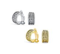 Set of Two Twisted Cable Chain Weave Wide Half Hoop Clip Earrings On Button Style Non Pierced Ears Oxidized Gold Plated Brass