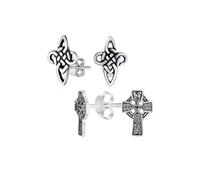 Set of Two Unisex Religious Ancient Viking Irish Infinity Love Knot Templar Knight Celtic Cross Stud Earrings For Women Men Teens Oxidized .925 Sterling Silver