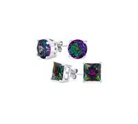 Set of Two Unisex Round & Square Black Mystic Rainbow Color-Changing Cubic Zirconia Solitaire AAA CZ Stud Earrings For Women .925 Sterling Silver 6MM