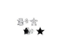 Set of Two Unisex Small Celestial American Patriotic USA Cubic Zirconia Black CZ Star Stud Earrings For Women Men .925 Sterling Silver 6MM