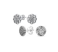 Set of Two Unisex Small Floral Edge Viking Medallion Woven Celtic Knot Round Circle Disc Stud Earrings For Women Oxidized .925 Sterling Silver