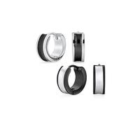 Set of Two Unisex Two Tone Striped Black Enamel Concave Huggie Small Hoop Earrings For Men Or Women Silver Tone Stainless Steel .50 Diameter