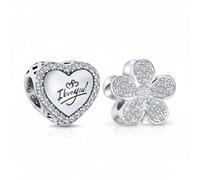 Set of Two Valentine Words I LOVE YOU Crystal Accent Edge Heart Shape & Sparkling Clear CZ Pave Flower Shape Daisy Charm Bead For Women Teen Oxidized .925 Sterling Silver Fits European Bracelet