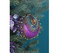 Set of two Velvet Purple Sequin Peacock Feather Baubles Christmas Tree decorations Gisela Graham 10 cm
