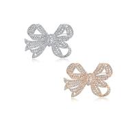 Set of Two Victorian Vintage Style Winter Wedding Holiday White Set of Two Glittering Crystal Pave Bridal Fashion Large Statement Filigree Ribbon Bow Scarf Brooch Pin For Women Rose Plated