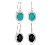 Set of Two Western Style Blue Turquoise & Black Onyx Milgrain Cable Edge Oval Gemstone Drop Earrings For Women .925 Sterling Silver Wire Fish Hook