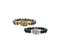 Set of Two Western Warrior American Native Gunmetal Black Onyx & Brown Tiger Eye Round Bead Strand Stretch Indian Chief Head Bracelet For Men Women Silver Gold Plated Stackable Adjustable