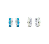Set of Two White & Blue Created Opal Inlay Iridescent Huggie Hoop Earrings For Women .925 Sterling Silver October Birthstone