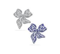 Set of Two Winter Wedding Holiday Clear Aqua Blue Glittering Crystal Bridal Fashion Large Statement Filigree Ribbon Bow Scarf Brooch Pin For Women Silver Plated