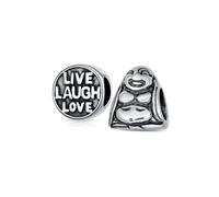 Set of Two Word Live Laugh Love Mantra Inspirational Round & Asian Laughing Buddha Spiritual Mediation Charm Bead For Women For Teen .925 Sterling Silver Fits European Bracelet