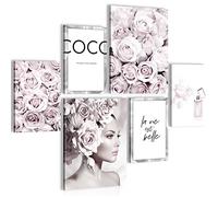 Set of Wall Pictures Coco Fashion - Stylish, NO Frame Required - Modern Collage Gray Pink - Teenager Living Room - N000763a