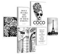 Set of Wall Pictures Fashion Coco - Stylish, NO Frame Required - Modern Collage Black White - Living Room Bedroom - N009063a