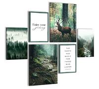 Set of Wall Pictures Forest Deer - Stylish, NO Frame Required - Modern Collage Natural Green - Living Room Bedroom - N004663a