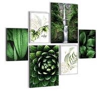 Set of Wall Pictures Green Leaves Waterfall - Stylish, NO Frame Required - Modern Collage Plant - Living Room Bedroom - N004063a