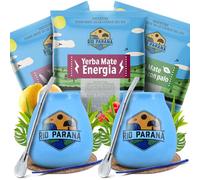 Set of yerba mate accessories with samples for two | Rio Parana | Calabash, bombilla and accessories | Original yerba mate | Argentinian yerba mate | Natural caffeine | 3x50g