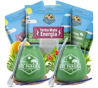 Set of yerba mate accessories with samples for two | Rio Parana | Calabash, bombilla and accessories | Original yerba mate | Argentinian yerba mate | Natural caffeine | 3x50g