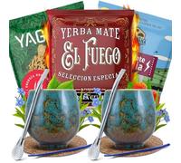Set of yerba mate accessories with samples for two | Yaguar, El Fuego, Rio Parana | Energia Guarana | Calabash, bombilla and accessories | Original yerba mate | Natural caffeine | 3x50g
