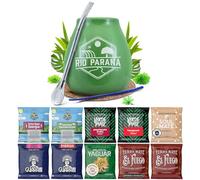 Set of yerba mate samples with accessories | Yerba mate Yaguar, Verde Mate, Soul Mate, Guarani, El Fuego, Rio Parana | Calabash, bombilla and accessories | 10x50g | Natural caffeine | 500g | 0.5kg