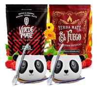 Set of yerba mate Verde Mate Green and El Fuego with accessories for two | Two-pack of yerba mate | Energia Guarana | Calabash, bombilla and accessories | Natural caffeine | 2x500g |1kg
