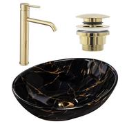 Rea Sofia Black Marble Countertop WashBasin Set + Long Gold Tap + Gold Drain, Ideal as a WashBasin or Toilet, Unique Design