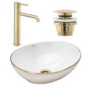Set Rea Washbasin Sofia Gold Edge + Lungo Gold Tall Tap + Gold Click-Clack Plug