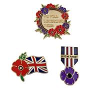 Set Red Purple Poppy Remembrance Pin Badges Brooch, We Will Remember Them and Lest We Forget Badges, 3 Pieces