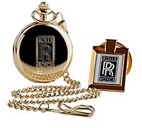 Set Rolls Royce Gold Pocket Watch and Keyring Keychain 24 Carat Coated Full Hunter with Chain in Wooden Gift Box