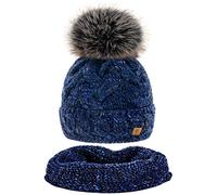 Set Scarf & Hat Women Winter Beanie Hat Worm Knitted Alpaca Wool Hats Fleece Lining Pom Pom MFAZ Morefaz Ltd (Set Hat&Scarf Nave)