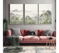 Set Wall Art Japanese Landscape Triptych Sage Green Mountains Landscape Wall Art Japandi Nature Po - 3x A3 Canvas - Triptych mounted on pine frames readu to hang BensArt Triptych set 3 Three Stretche