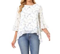 Seta T Women's Floral High Low Tops Scoop Neck Chiffon Blouse Asymmetrical Shirt 3/4 Bell Sleeve Casual Summer Tops White L