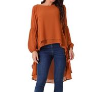 Seta T Women's High Low Tops Lantern Long Sleeve Round Neck Dressy Casual Chiffon Asymmetrical Tops Blouse Caramel XL