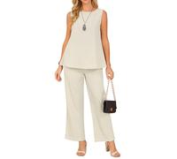 Seta T Women's Summer 2 Piece Outfits Sleeveless Round Neck Tank Top Dressy Casual Sets Wide Leg Pants Set Beige L
