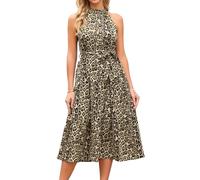 Seta T Women's Summer Leopard Print Maxi Dress Halter Neck Tiered High Wasited A-Line Flowy Cocktail Long Dresses with Belt & Pocket Apricot L