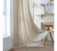 Setabeck Boho Curtain 96 inches Length for Bedroom, Stripes Embroidery Textured Linen Hollow Semi Blackout French Farmhouse Country Window Treatment with Tassels,1 Panel 52" W x 96" L, Natural