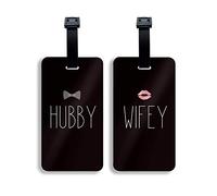 SetGo Hubby & Wifey Luggage Tags (Set of 2), Plastic Travel ID Labels for Suitcase & Baggage, Gifts for Wedding and Honeymoon, Black, 4.3X2.3 inches