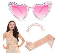 Setgoold 3Pcs Birthday Queen Glasses Kit Birthday Queen Sunglasses Glitter Pink Birthday Sash Sparkling Headband Birthday Gifts Birthday Supplies Hen Party Accessories for Women Girl
