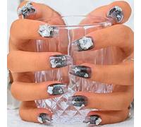Sethexy Black Rhinestone Handmade Fake Nail 3D Crystal Medium Coffin False Nails Acrylic Glossy Glitter Press on Nail Salon Nails for Women and Girls 10PCS (G)