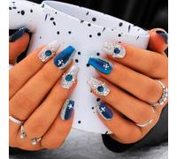 Sethexy Blue Handmade Press On Nails Medium Coffin Acrylic False Nails with Design Silver Glitter Fake Nails Glossy Salon Nail for Women and Girls 10PCS (Blue3)