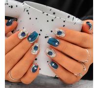 Sethexy Blue Handmade Press On Nails Short Coffin False Nails with Design Salon Acrylic Silver Glossy Fake Nails for Women and Girls 10PCS (Blue5)