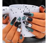 Sethexy Cat Eye Green Handmade Press On Nails Long Coffin Rhinestone False Nails with Design Acrylic Glossy Salon Fake Nail for Women and Girls 10PCS (Green1)
