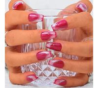 Sethexy French Cat Eye Handmade Fake Nails Medium Coffin Rose Red False Nails Acrylic Natural Glossy Press on Nails Salon Nails for Women and Girls 10PCS (B)