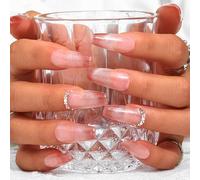 Sethexy French Long Coffin False Nails Pink Gradient Press On Nails Rhinestone Glitter Fake Nails Glossy Sparkle Acrylic Salon Quality Nail Art Removable for Women and Girls (N)