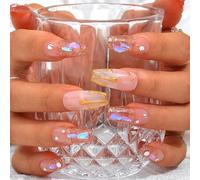 Sethexy French Long Coffin Pink False Nail Handmade Rhinestone Glitter Aurora Fake Nail 3D Crystal Glossy Press On Nails Acrylic Sparkle Stick On Nails Removable for Women and Girls(G)