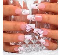 Sethexy French Long Coffin Pink False Nails Handmade Rhinestone Glossy Fake Nails 3D Crystal Love Heart Press On Nails Acrylic Salon Quality Nail Art Removable for Women and Girls(K)