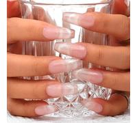Sethexy French Long Coffin Pink False Nails Handmade Simple Glossy Fake Nails Glitter Acrylic Press On Nails Sparkle Salon Quality Nail Art Removable for Women and Girls (Z)