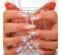 Sethexy Handmade Long Coffin False Nails Aurora Gradient Fake Nails Rhinestone Glitter Glossy Press On Nails Crystal Acrylic Sparkle Salon Quality Nail Art Removable for Women and Girls (A)